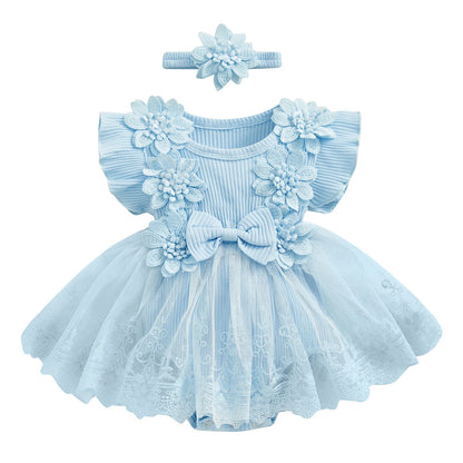 Baby Girls Romper Lace Ruffle Dress & Headband (Age 3-18M) Blue