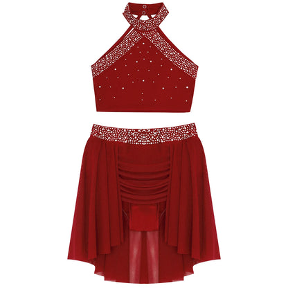 Girls Rhinestones Dance Outfit Tops & Skirt Set (Age 6-16 YRS)