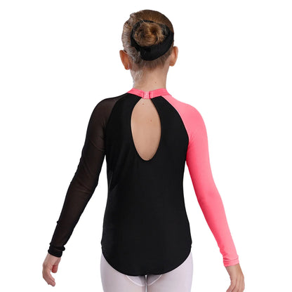 Girls Ballet Dance Leotard Gymnastics  Rhinestones Sheer Mesh Long Sleeve (Age 4-16 YRS)