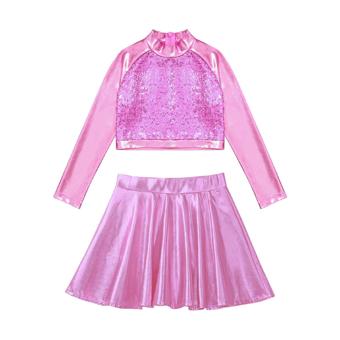 Girls Dance Metallic Long Sleeve Sequin Crop Top & Skirt (Age 6-14YRS)