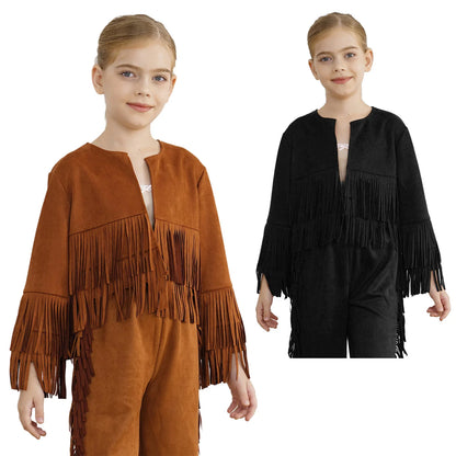 Kids Western Cowboy Cowgirl Costume Long Sleeve Tassels Fringe Jacket (Age 6-16YRS)