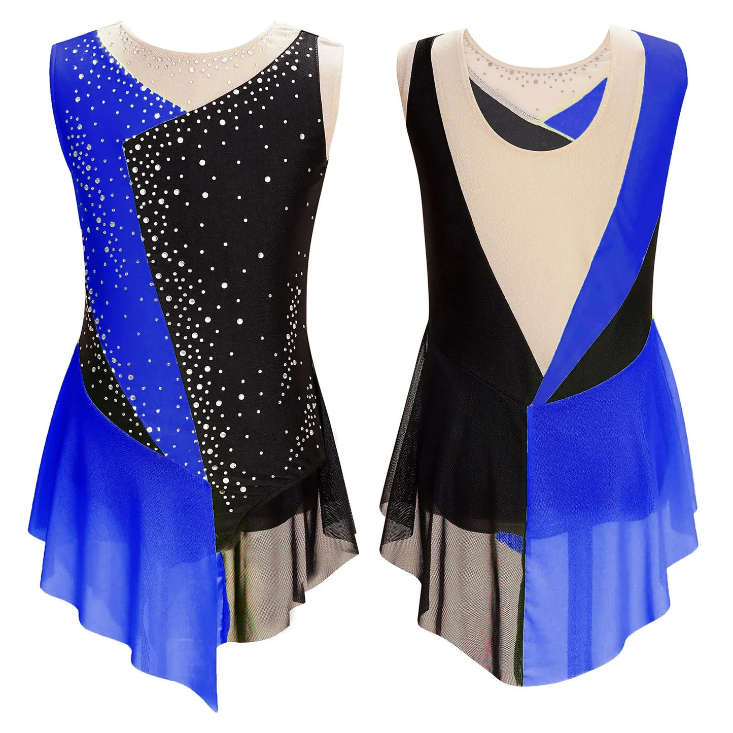 Rhinestone Gymnastics Figure Skating Dress for Teen Girls Sleeveless Sheer Mesh Tutu Ballet Leotard Lyrical Performance Costume