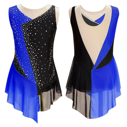 Rhinestone Gymnastics Figure Skating Dress for Teen Girls Sleeveless Sheer Mesh Tutu Ballet Leotard Lyrical Performance Costume