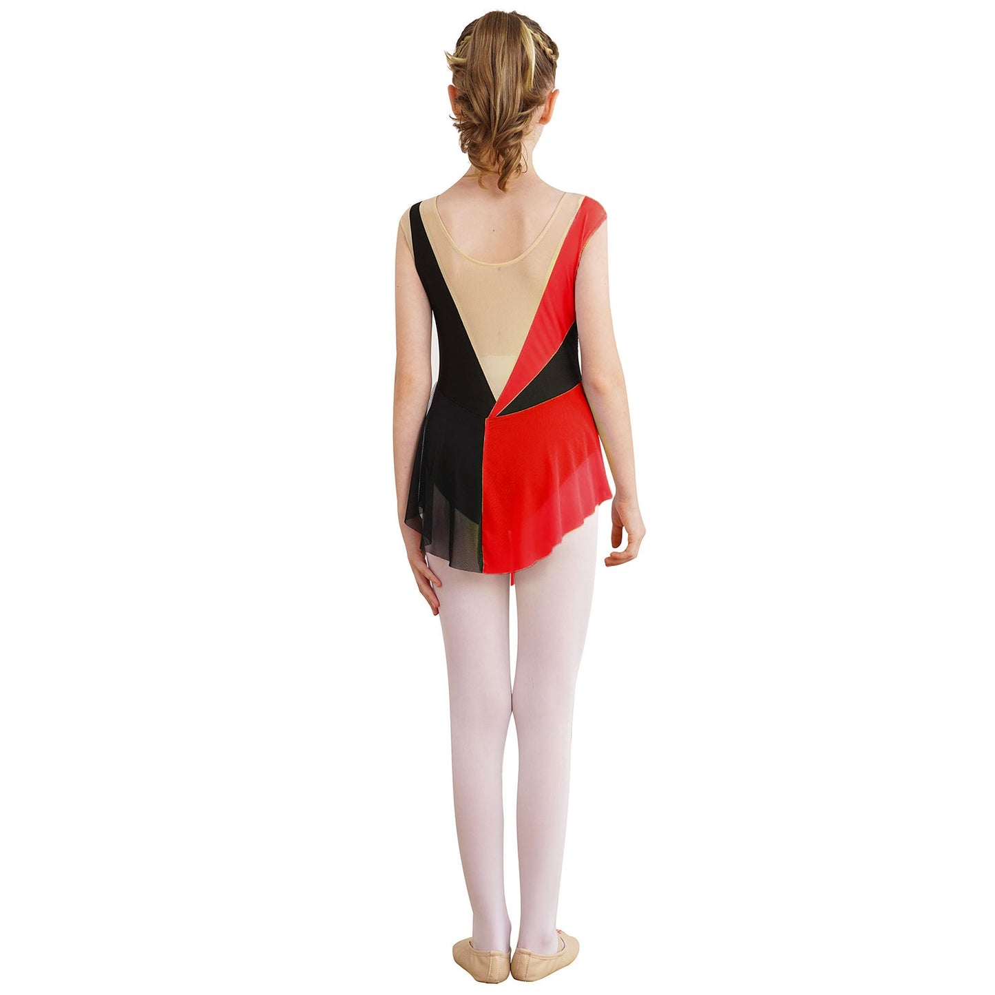 Rhinestone Gymnastics Figure Skating Dress for Teen Girls Sleeveless Sheer Mesh Tutu Ballet Leotard Lyrical Performance Costume