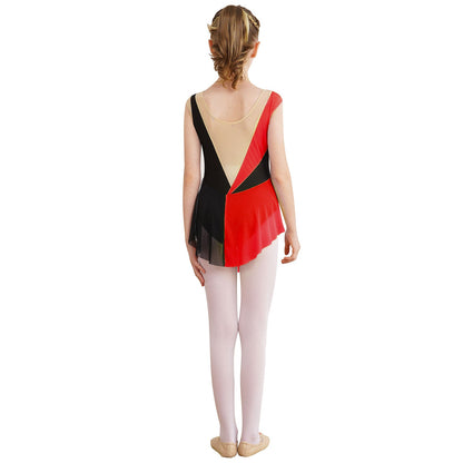 Rhinestone Gymnastics Figure Skating Dress for Teen Girls Sleeveless Sheer Mesh Tutu Ballet Leotard Lyrical Performance Costume