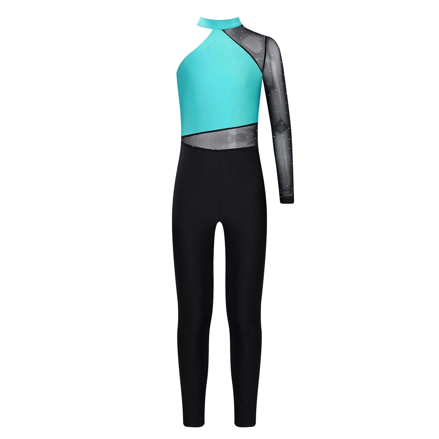 Girls Gymnastics Rhinestones Sheer Mesh Jumpsuit (Age 6-16 YRS)