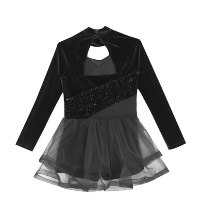 Girls Figure Skating Dance Costume Sequin Long Sleeve Velvet Mesh Leotard Dress (Age 6-14 YRS)