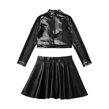 Girls Dance Metallic Long Sleeve Sequin Crop Top & Skirt (Age 6-14YRS)
