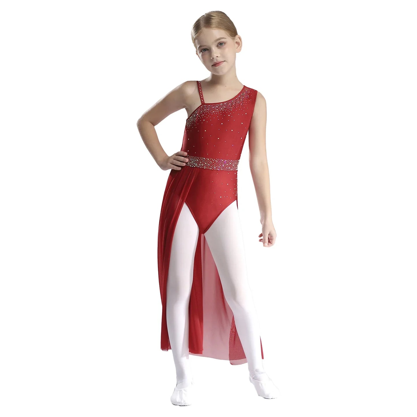 Girls Dance Costume Ballet Rhinestones Sleeveless Sheer Mesh Leotard Dress (Age 6-16 YRS)