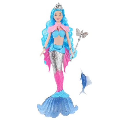 Mermaid Dolls Music Lighting Kids Toys Colorful Doll Body Pink Blue Red Purple Hair Miniature Accessories For Children DIY Game Blue