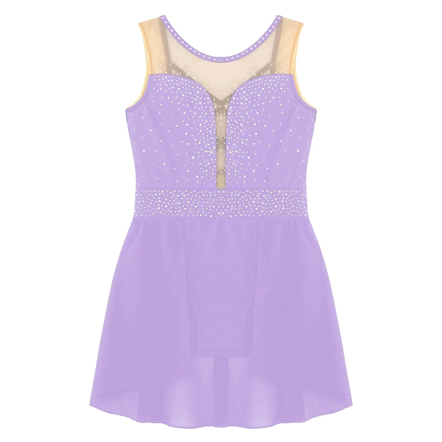 Rhinestone Gymnastics Figure Skating Dress for Teen Girls Sleeveless Sheer Mesh Tutu Ballet Leotard Lyrical Performance Costume