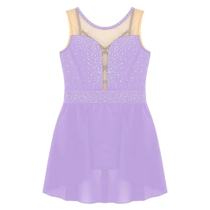Rhinestone Gymnastics Figure Skating Dress for Teen Girls Sleeveless Sheer Mesh Tutu Ballet Leotard Lyrical Performance Costume