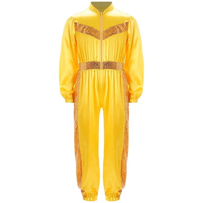 Girls Sequin Satin m Long Sleeve Zipper Jumpsuit (Age 6-16 YRS)