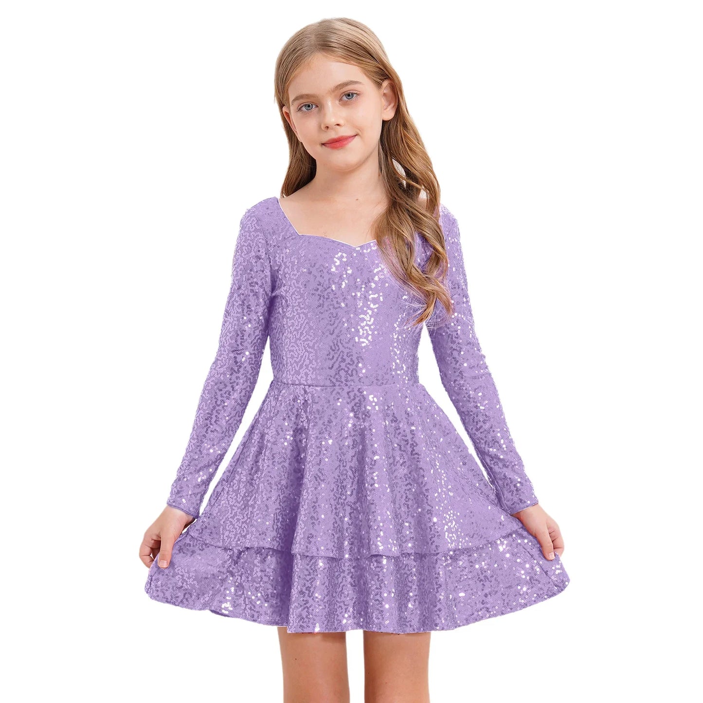 Girls Sequin Long Sleeve Double Layer Hemline Dress (Age 6-14 YRS)