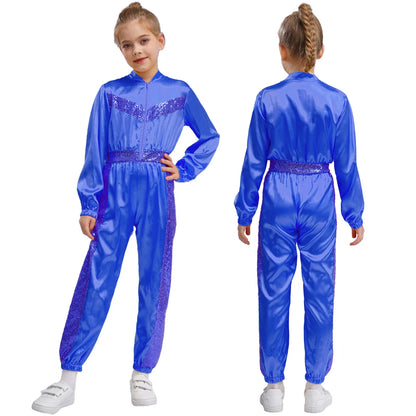 Girls Sequin Satin m Long Sleeve Zipper Jumpsuit (Age 6-16 YRS)