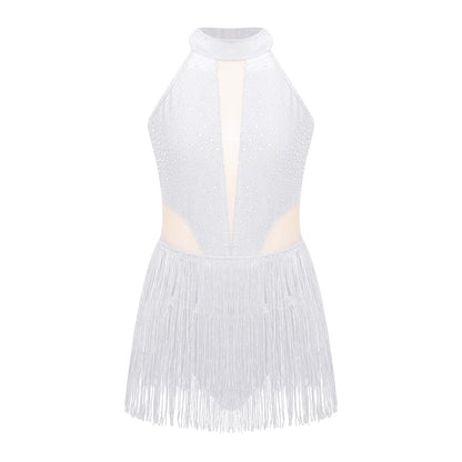 Girls Dance Costume Sleeveless Rhinestone Tassel Leotard (Age 6-16 YRS)