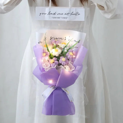 Hand Knitted Crochet Gift Flowers Bouquet With LED Lights Purple