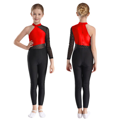 Girls Gymnastics Rhinestones Sheer Mesh Jumpsuit (Age 6-16 YRS)