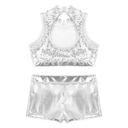 Girls Dance Costume Sequin Crop Top & Shorts Set (Age 6-12 YRS)