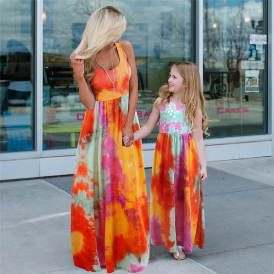 Mother & Daughter Matching Floral Maxi Dress (Mommy & Me) Orange