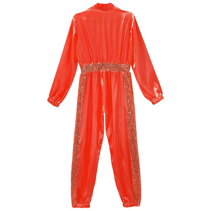 Girls Sequin Satin m Long Sleeve Zipper Jumpsuit (Age 6-16 YRS)