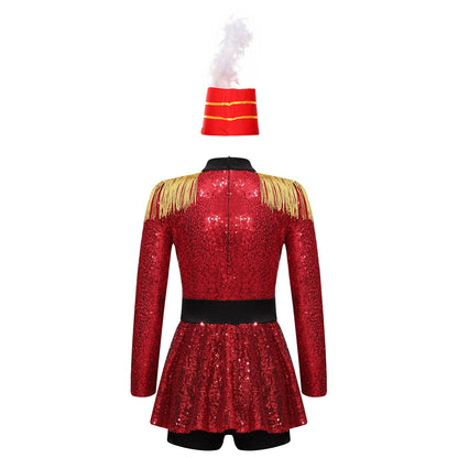 Girls Halloween Circus Ringmaster  Costume Long Sleeve Sequin Leotard Dress (Age 6-14YRS)