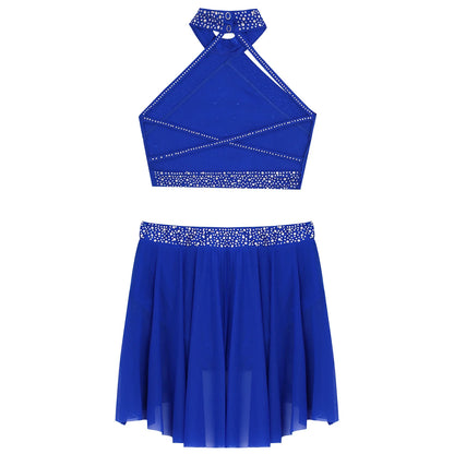 Girls Rhinestones Dance Outfit Tops & Skirt Set (Age 6-16 YRS)