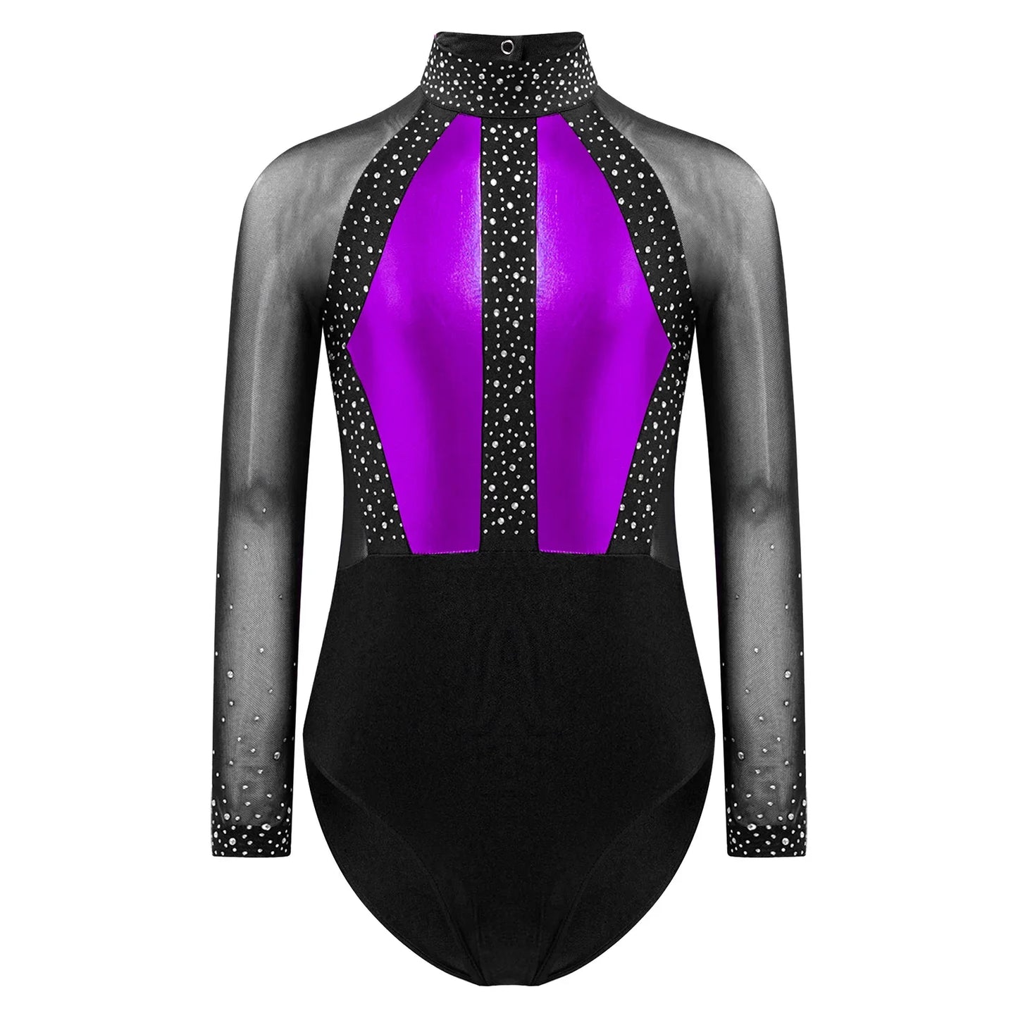 Girls Dance Performance Costume Long Sleeve Rhinestone Leotard (Age 6-16 YRS)
