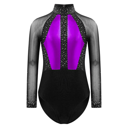 Girls Dance Performance Costume Long Sleeve Rhinestone Leotard (Age 6-16 YRS)