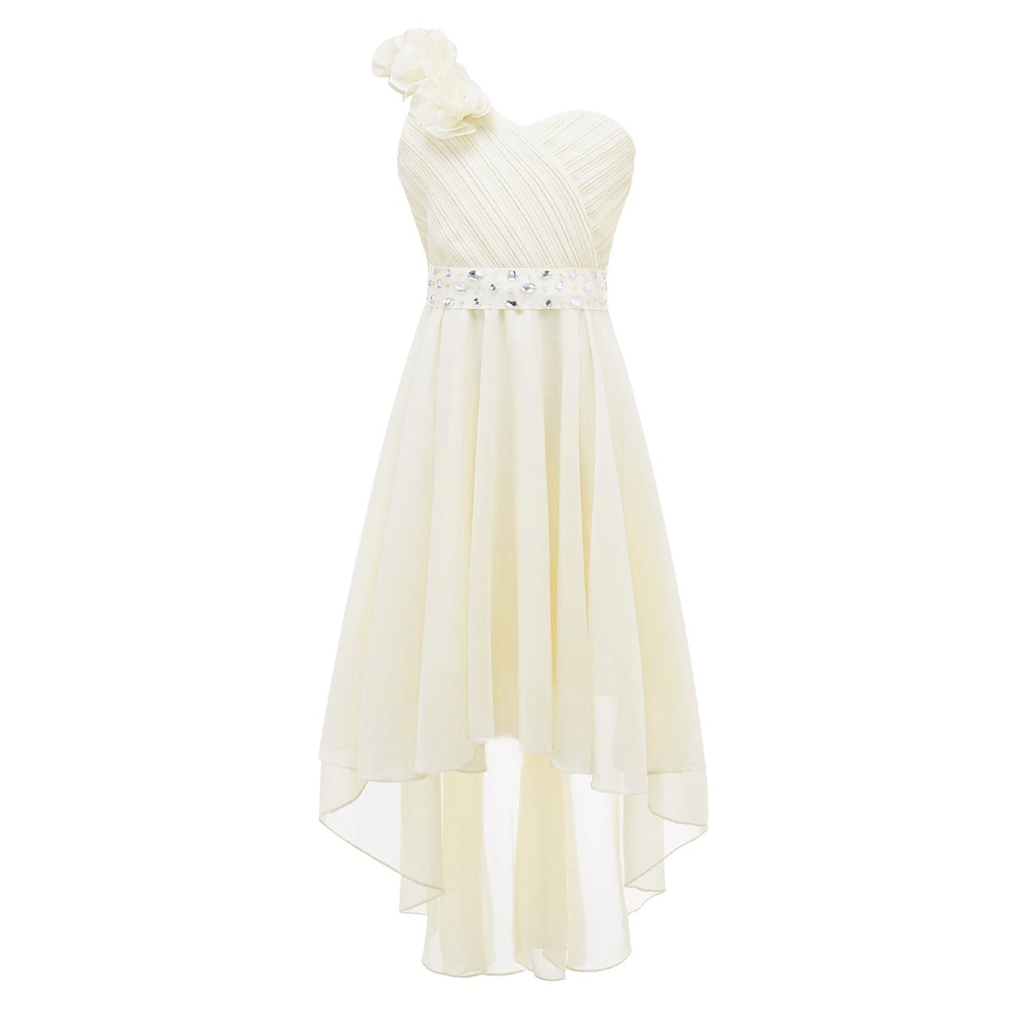 Girls Applique One-Shoulder Ruched Asymmetrical Hem Dress (Age 6-16YRS)