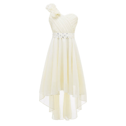 Girls Applique One-Shoulder Ruched Asymmetrical Hem Dress (Age 6-16YRS)