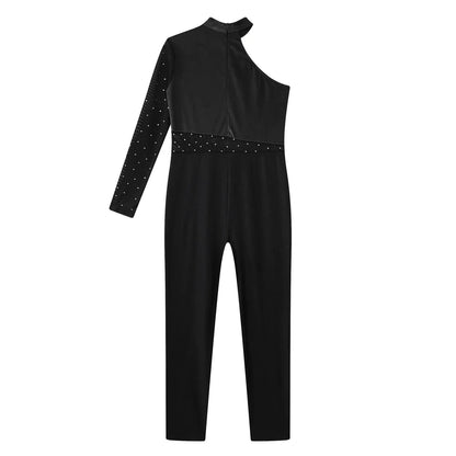 Girls Gymnastics Rhinestones Sheer Mesh Jumpsuit (Age 6-16 YRS)