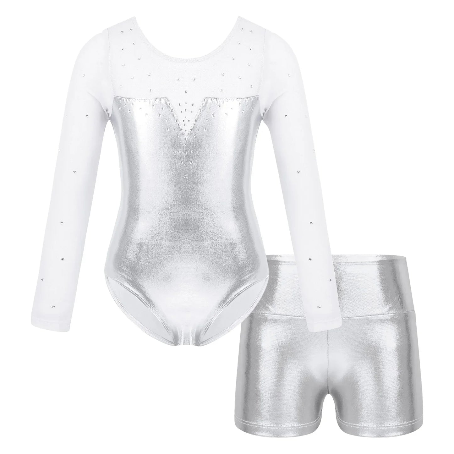 Girls Rhinestone Metallic Dance Bodysuit & Shorts Set (Age 4-12 YRS)