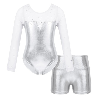 Girls Rhinestone Metallic Dance Bodysuit & Shorts Set (Age 4-12 YRS)