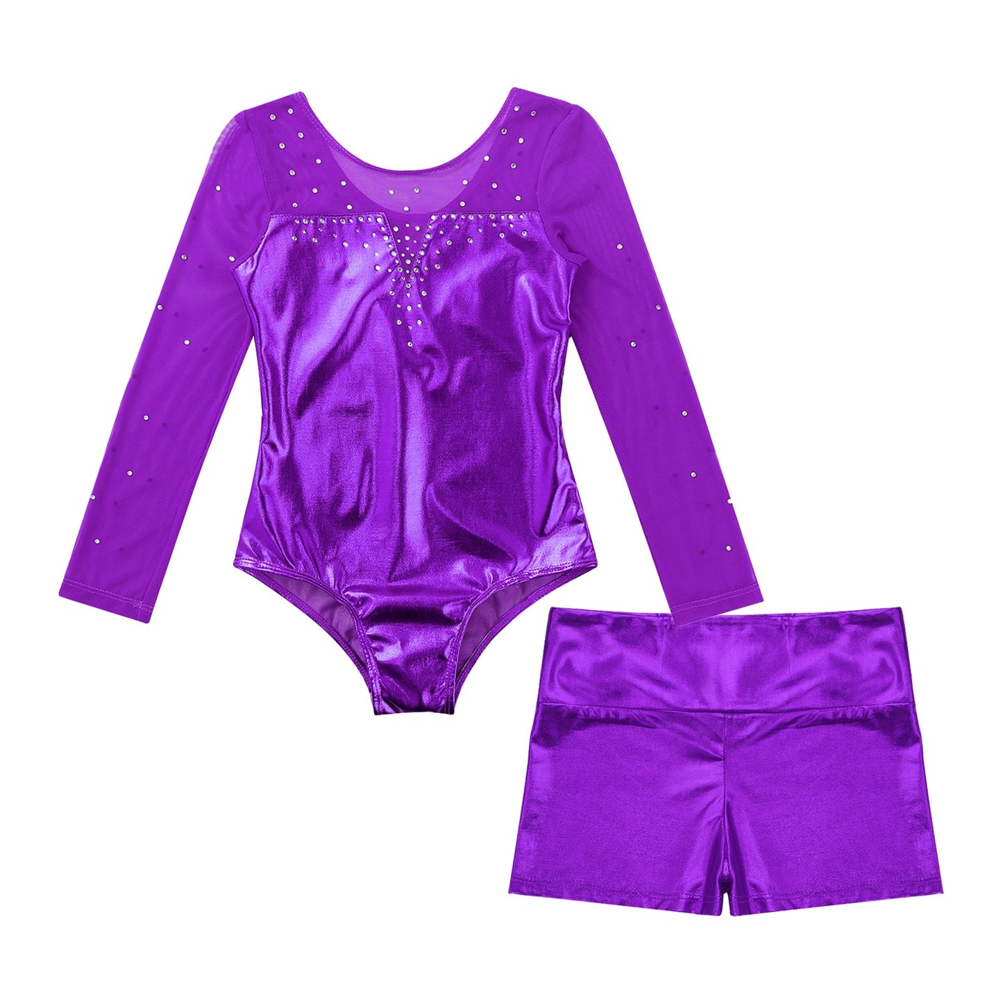 Girls Rhinestone Metallic Dance Bodysuit & Shorts Set (Age 4-12 YRS)