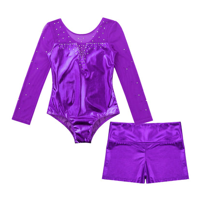 Girls Rhinestone Metallic Dance Bodysuit & Shorts Set (Age 4-12 YRS)