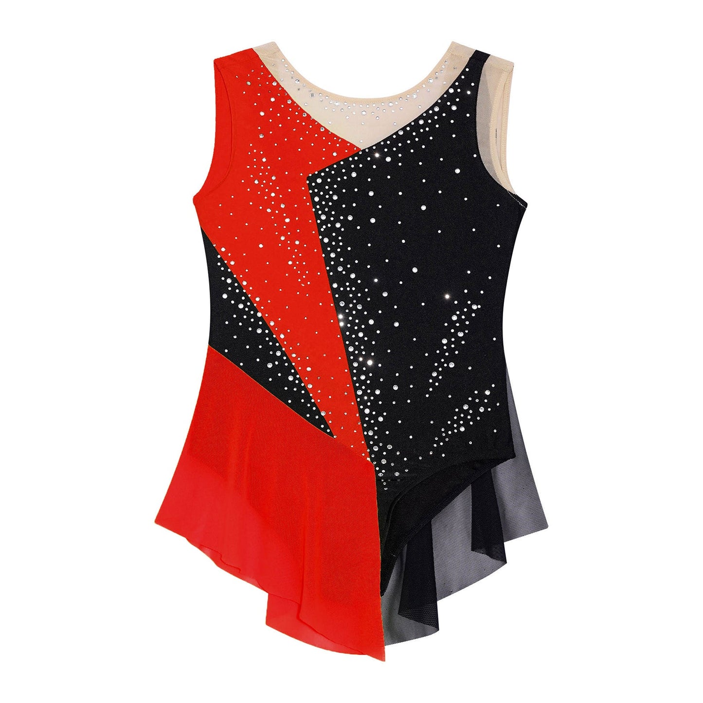 Rhinestone Gymnastics Figure Skating Dress for Teen Girls Sleeveless Sheer Mesh Tutu Ballet Leotard Lyrical Performance Costume