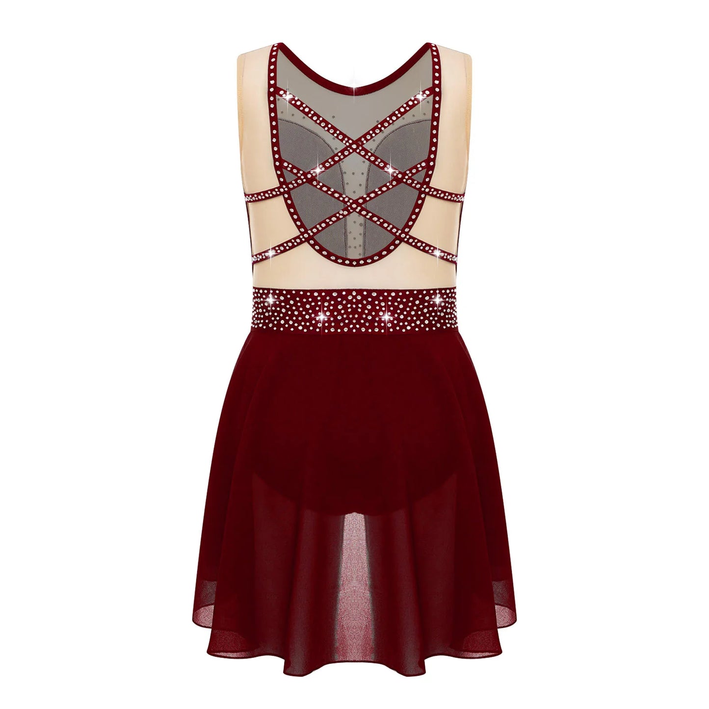 Rhinestone Gymnastics Figure Skating Dress for Teen Girls Sleeveless Sheer Mesh Tutu Ballet Leotard Lyrical Performance Costume