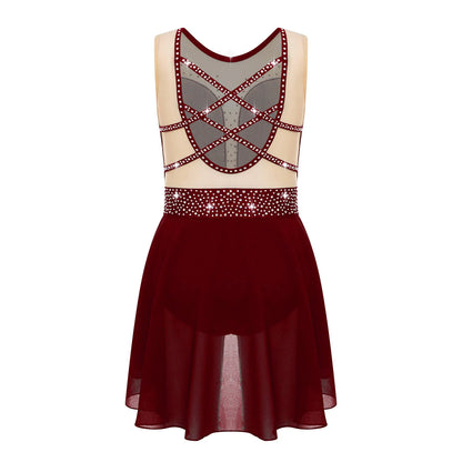 Rhinestone Gymnastics Figure Skating Dress for Teen Girls Sleeveless Sheer Mesh Tutu Ballet Leotard Lyrical Performance Costume
