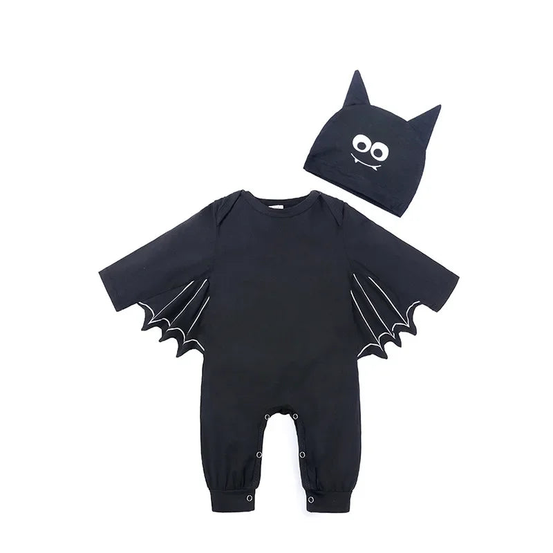 Skeleton Black Bat Costume for Baby 3-6M 6-12M 12-24M Purim Halloween Costumes Romper Hat 2pcs/set eyes long
