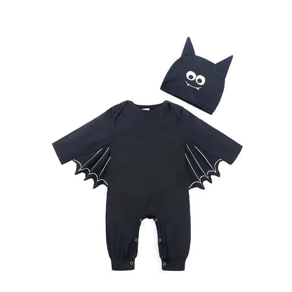 Skeleton Black Bat Costume for Baby 3-6M 6-12M 12-24M Purim Halloween Costumes Romper Hat 2pcs/set eyes long