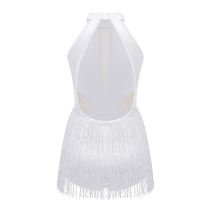 Girls Dance Costume Sleeveless Rhinestone Tassel Leotard (Age 6-16 YRS)