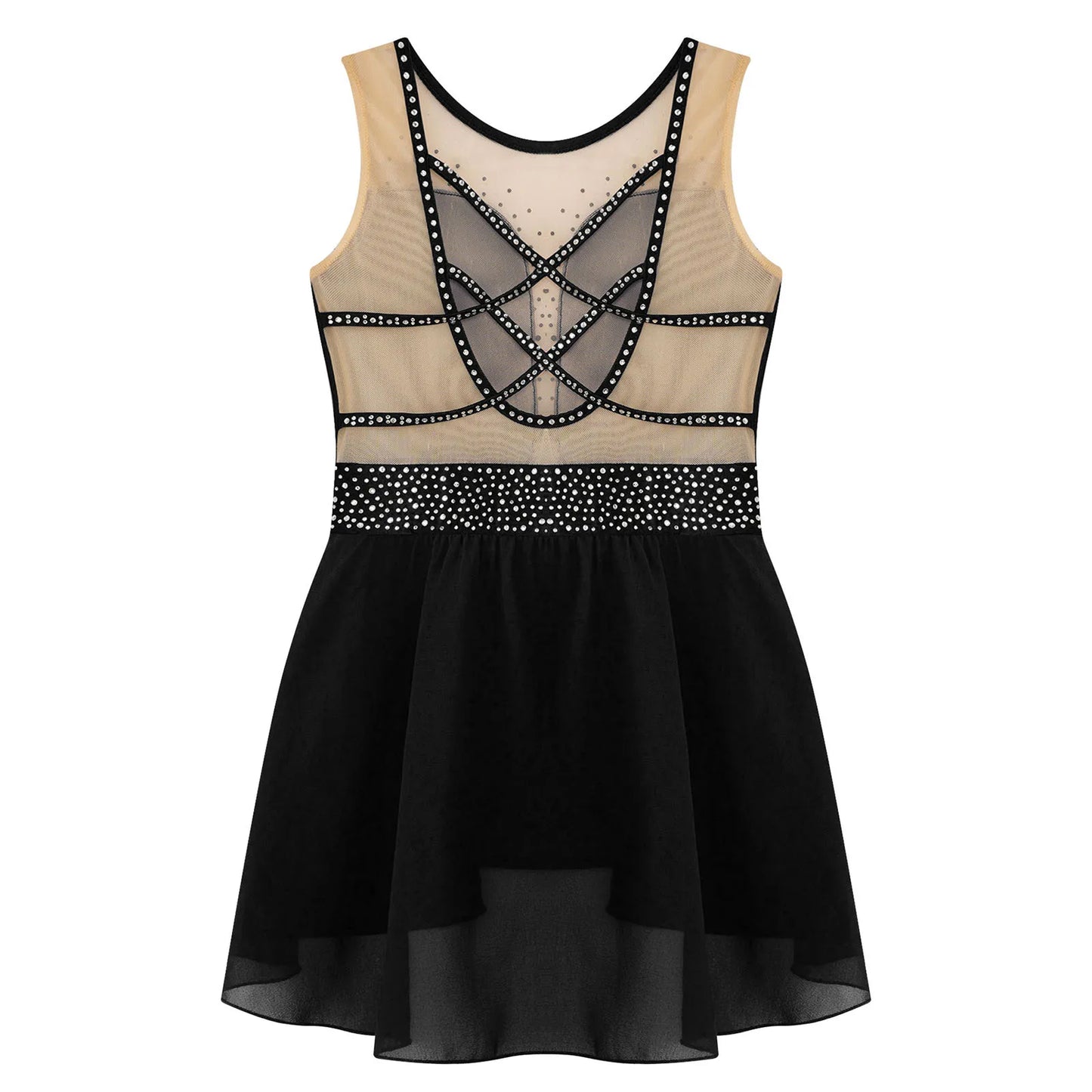 Rhinestone Gymnastics Figure Skating Dress for Teen Girls Sleeveless Sheer Mesh Tutu Ballet Leotard Lyrical Performance Costume