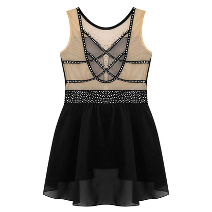 Rhinestone Gymnastics Figure Skating Dress for Teen Girls Sleeveless Sheer Mesh Tutu Ballet Leotard Lyrical Performance Costume