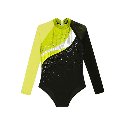 Girls Ballet Dance Leotard Gymnastics  Rhinestones Sheer Mesh Long Sleeve (Age 4-16 YRS)