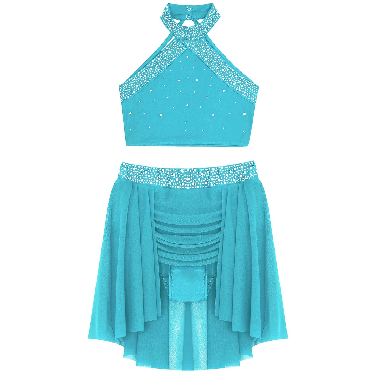 Girls Rhinestones Dance Outfit Tops & Skirt Set (Age 6-16 YRS)