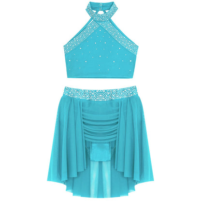 Girls Rhinestones Dance Outfit Tops & Skirt Set (Age 6-16 YRS)