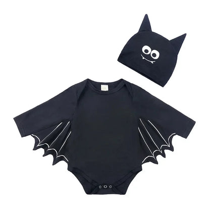 Skeleton Black Bat Costume for Baby 3-6M 6-12M 12-24M Purim Halloween Costumes Romper Hat 2pcs/set eyes short