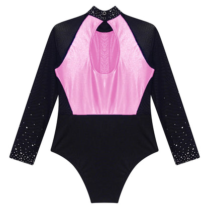 Girls Dance Performance Costume Long Sleeve Rhinestone Leotard (Age 6-16 YRS)
