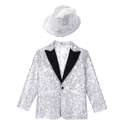 Boys Sequin Dance Tuxedo Jacket Suit & Fedora Hat (Age 6-16 YRS)